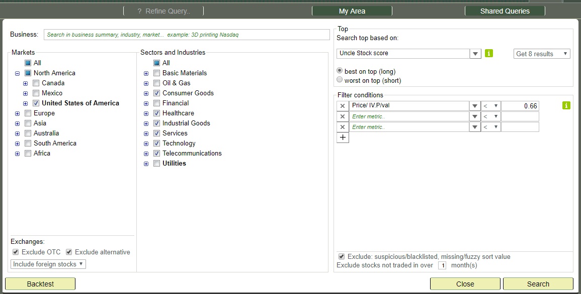 Basic Price to Intrinsic Value screen using Uncle Stock