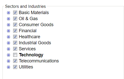 Filter stocks on every industry except technology