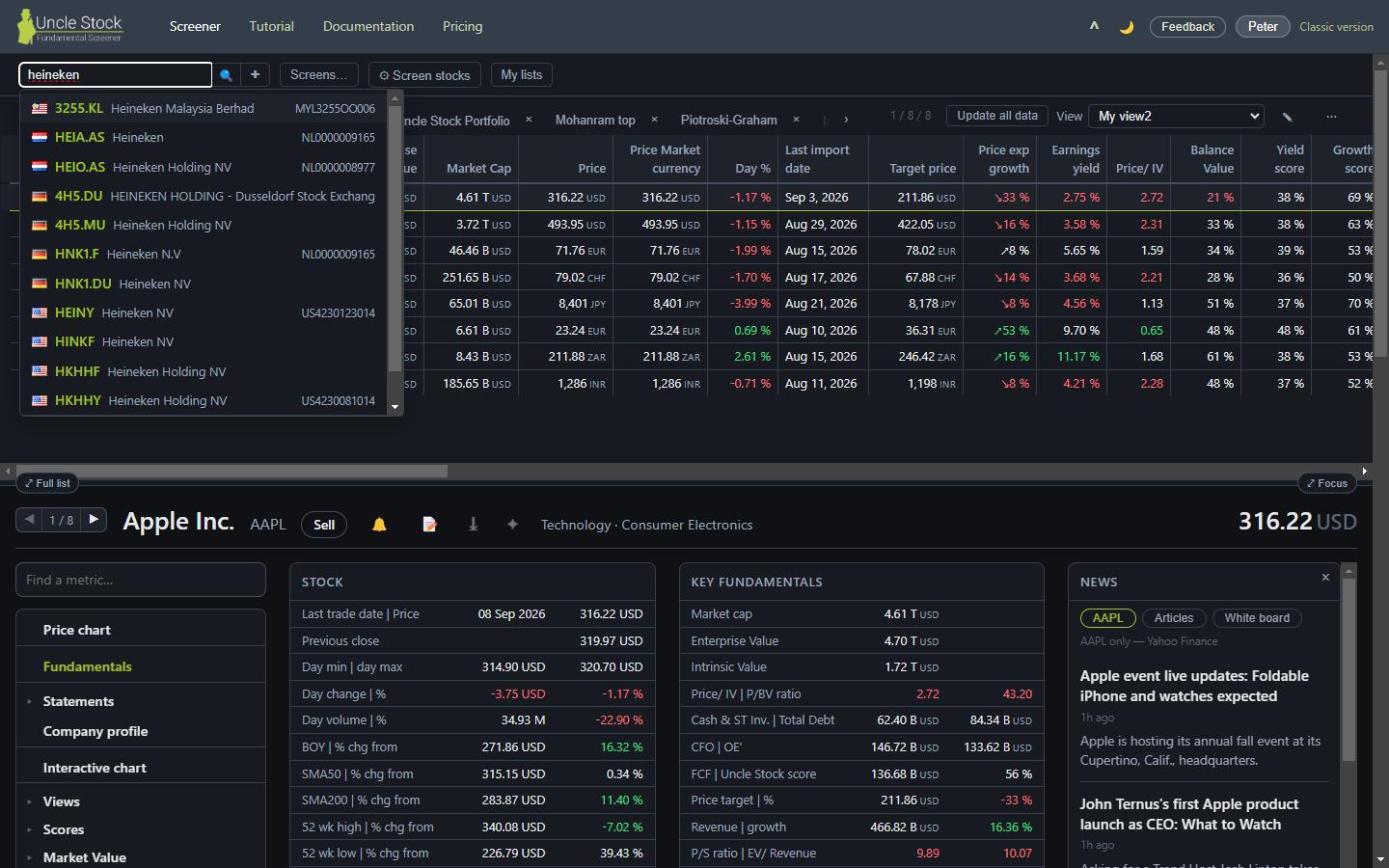The toolbar above the stock list, with the ticker suggestions for “heineken” open below the search box