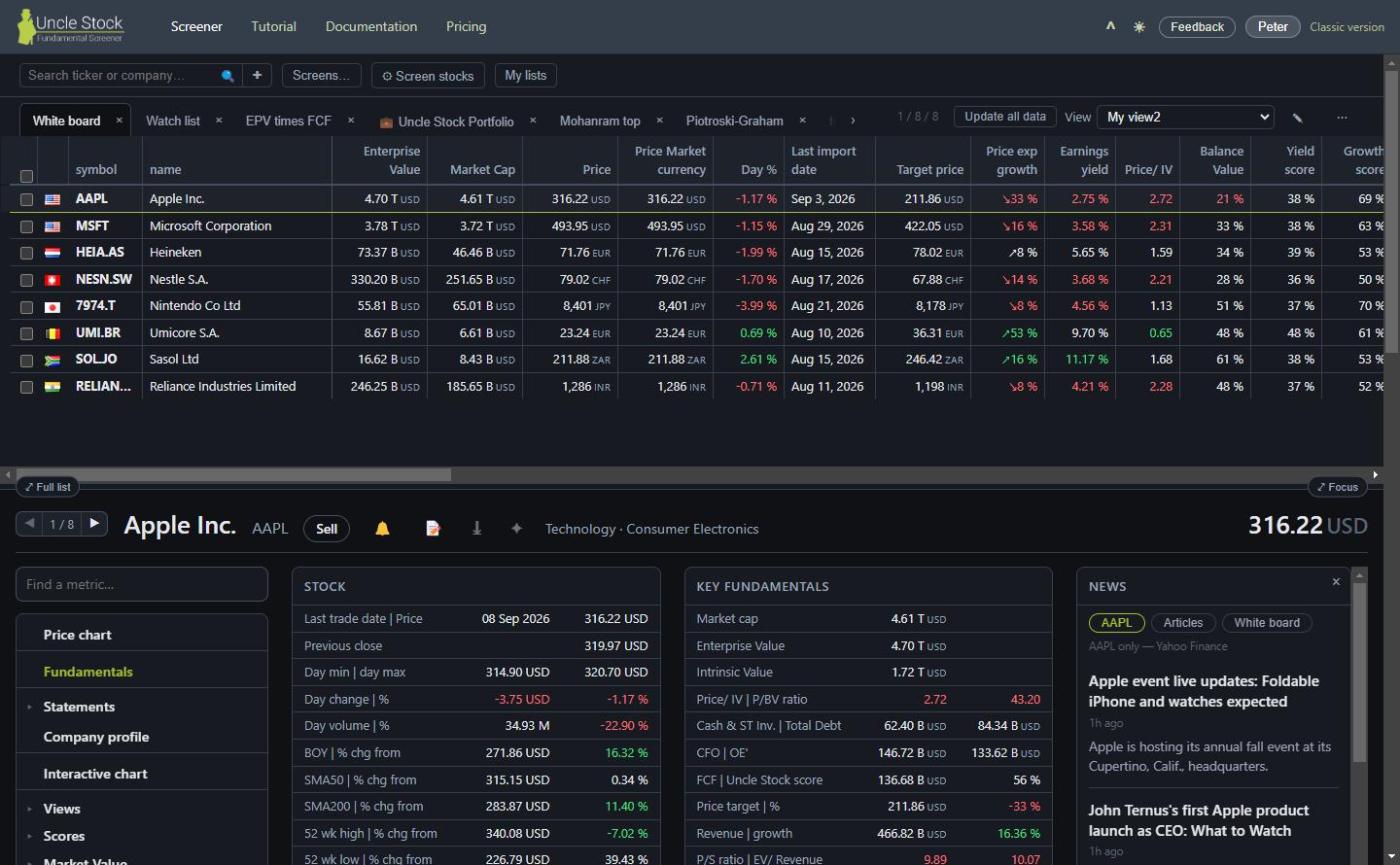 A stock list of eight companies with the tab strip, the counter, the View picker and the company detail below it