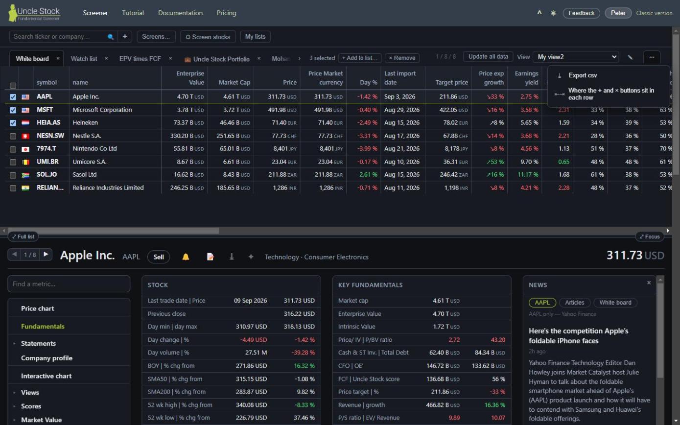 The three-dots menu open, showing Export csv and the setting for where the plus and cross buttons sit in each row