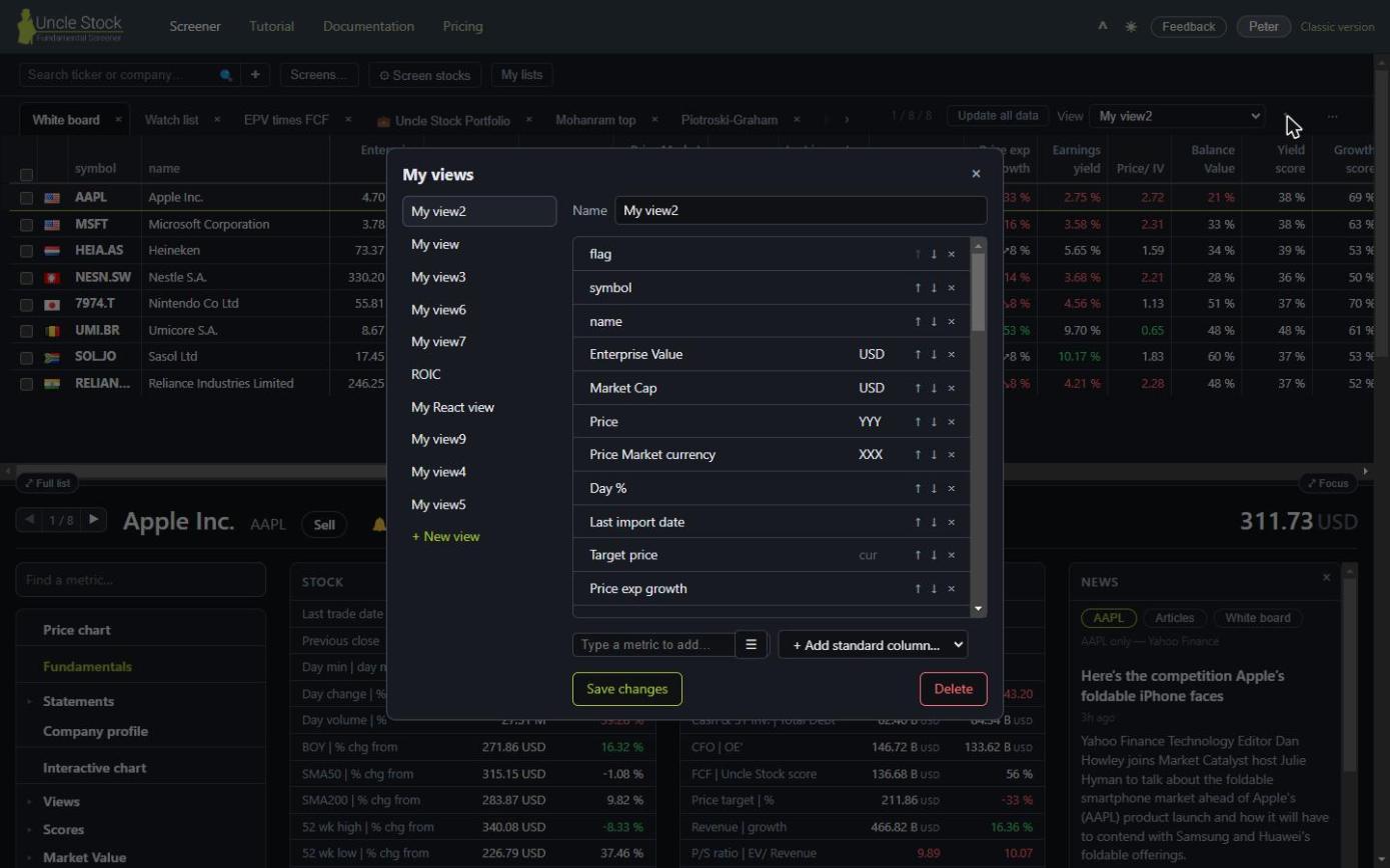 The personal views editor: saved views listed on the left, the chosen view's columns on the right, each row with arrows to reorder it and a cross to drop it
