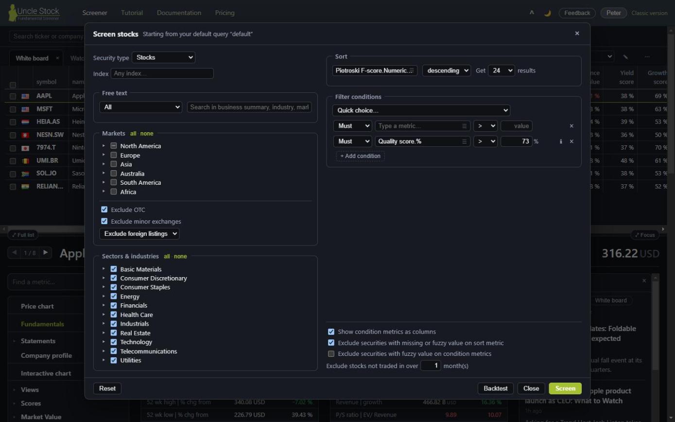 The screen builder dialog: security type, index, free text, markets and industries on the left; sort, filter conditions and the clean-up options on the right