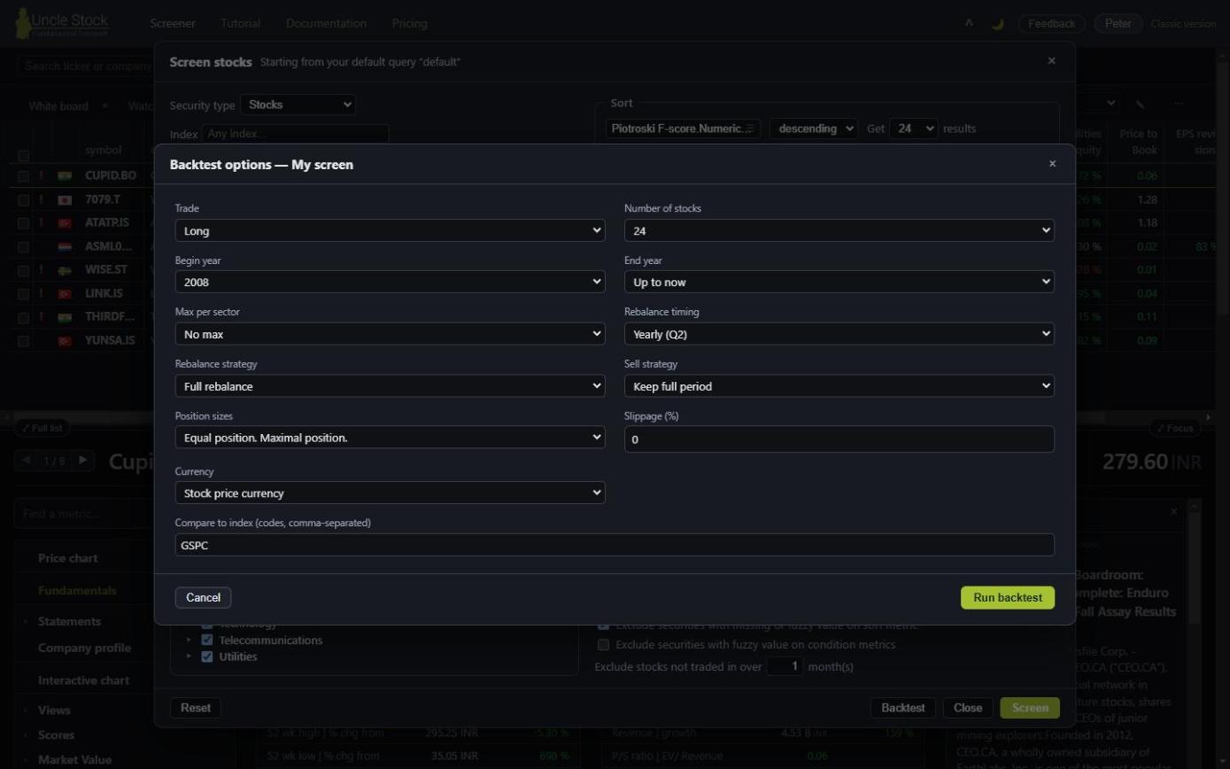 The backtest options dialog: trade direction, number of stocks, begin and end year, maximum per sector, rebalance timing and strategy, sell strategy, position sizes, slippage, currency and the index to compare against