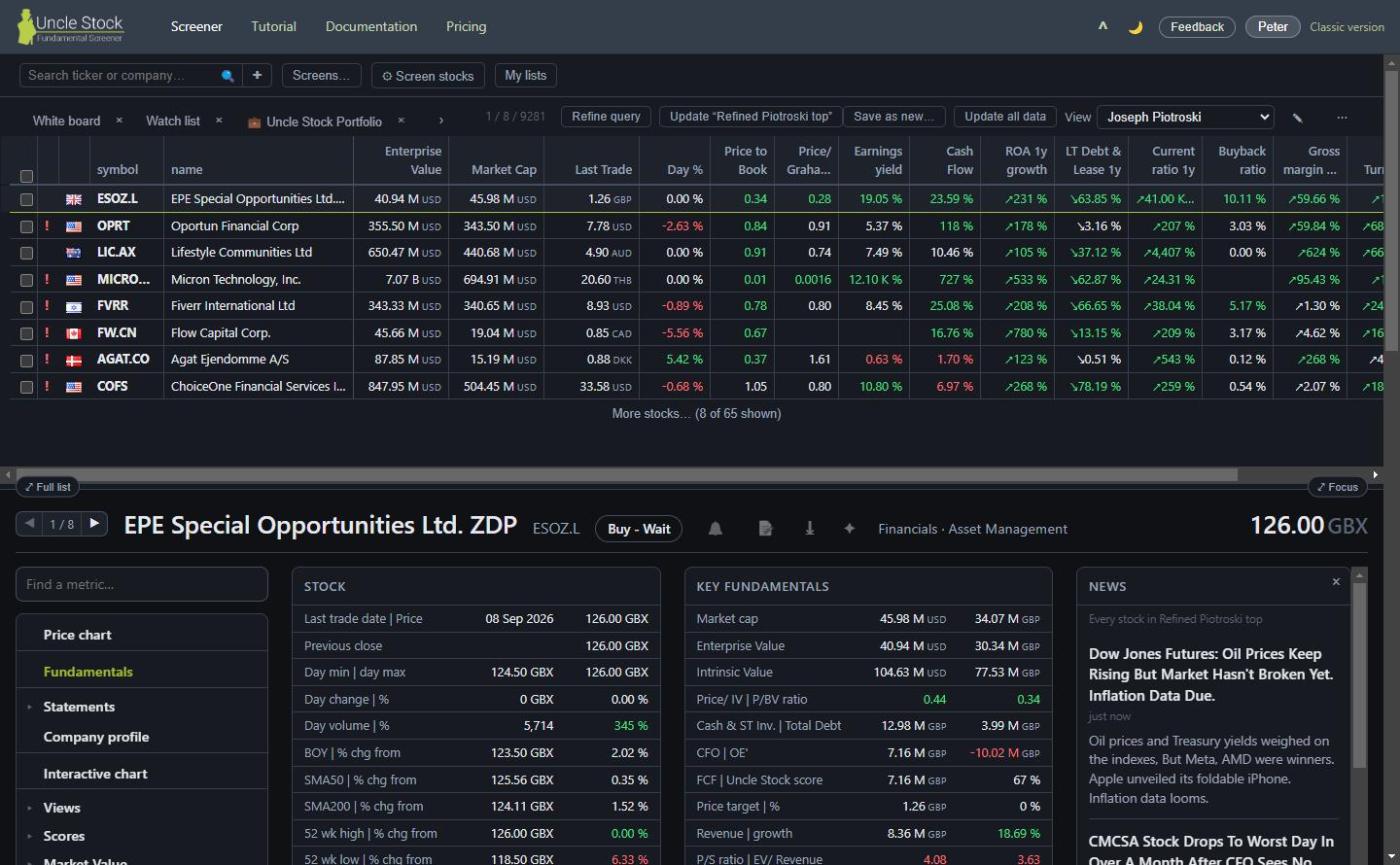 The result of one of your own saved screens, with Refine query, Update and Save as new side by side above the table