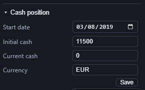 The Cash position block expanded in the account menu, with fields for start date, initial cash, current cash and currency